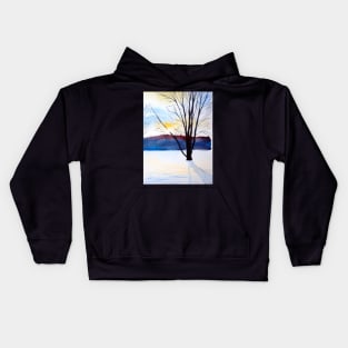 Winter Sunset and Trees Christmas Watercolor Print Kids Hoodie